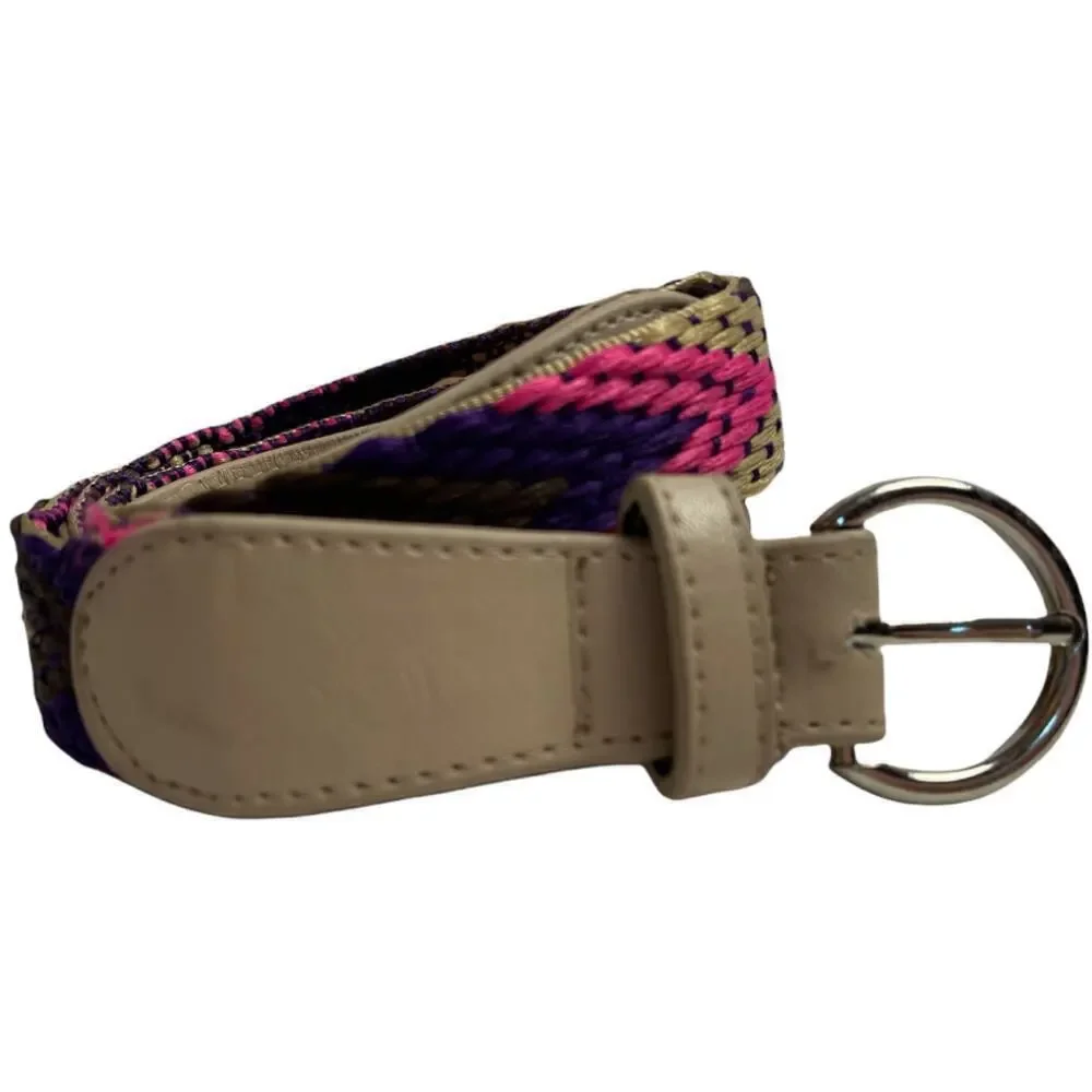 Beige Faux Leather & Multicolor Woven Yarn Belt 33